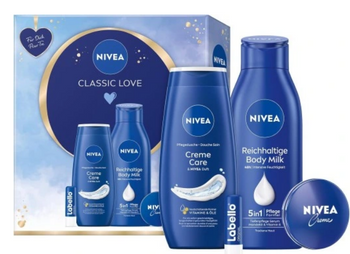 Set cadou Nivea Classic Love pentru îngrijirea pielii Gel+Balm+Cremă+Lipstick