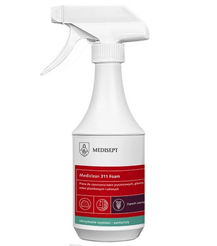 Medisept Mediclean 311 Spumă Preparat sub formă de spumă pentru curățarea cabinelor de duș, cădițelor de duș, capacelor din plastic și sticlă precum și armăturii de baie și bucătărie 500 ml